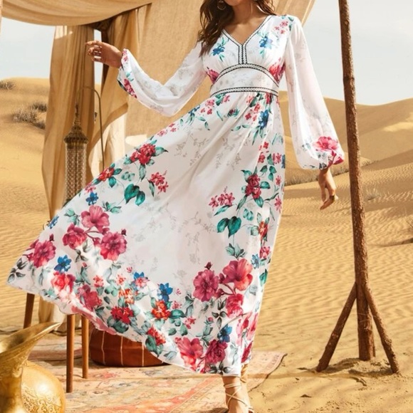 Boho floral print v neck lantern sleeve maxi dress - Picture 1 of 5
